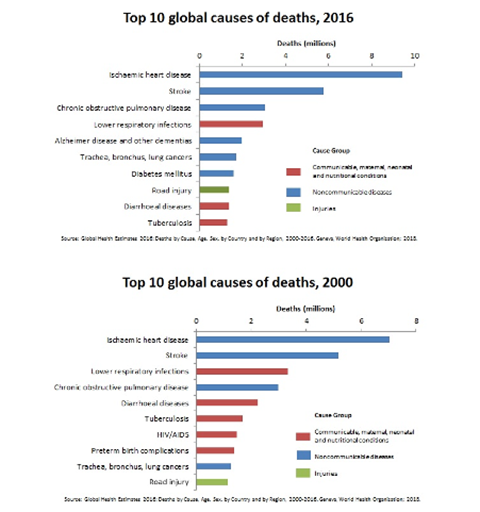 Top 10 delle cause di morte nel 2000 e nel 2016