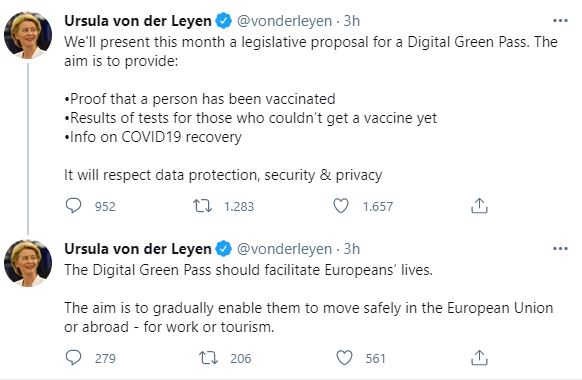 Covid, Von der Leyen. “Proposta legislativa per un Green Pass digitale”